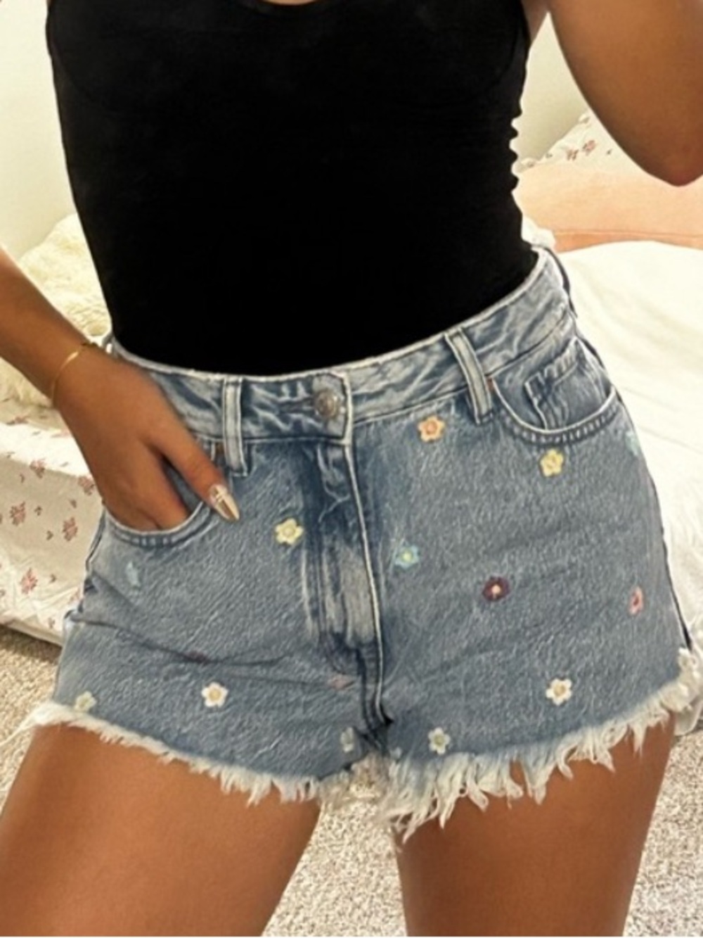 Pacsun Flower Embroidered Denim Women Shorts